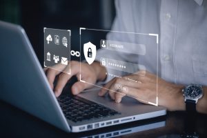 user typing login and password in the concept of cyber security,