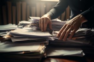 Business man working in Stacks of paper files