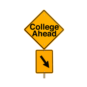 Yellow street sign saying College Ahead