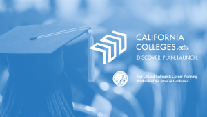 Students in graduation cap and gown walking in line with a blue overlay and the CaliforniaColleges.edu logo and California State Seal
