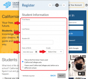 Screenshot of Student Account Registration Prompt