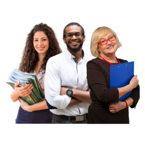 Young female, young male, and older female teachers smiling